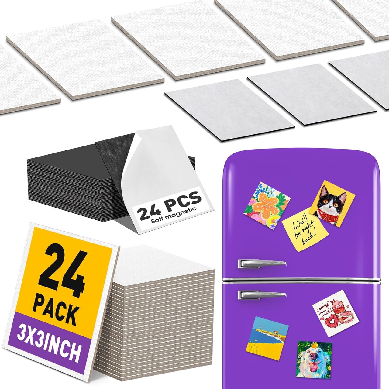 24-Pack 3x3 Inch Mini Magnetic Canvas Panels – Small Square Flat Canvases with 24 Soft Magnets for Acrylic, Oil, Watercolor Painting & DIY Crafts